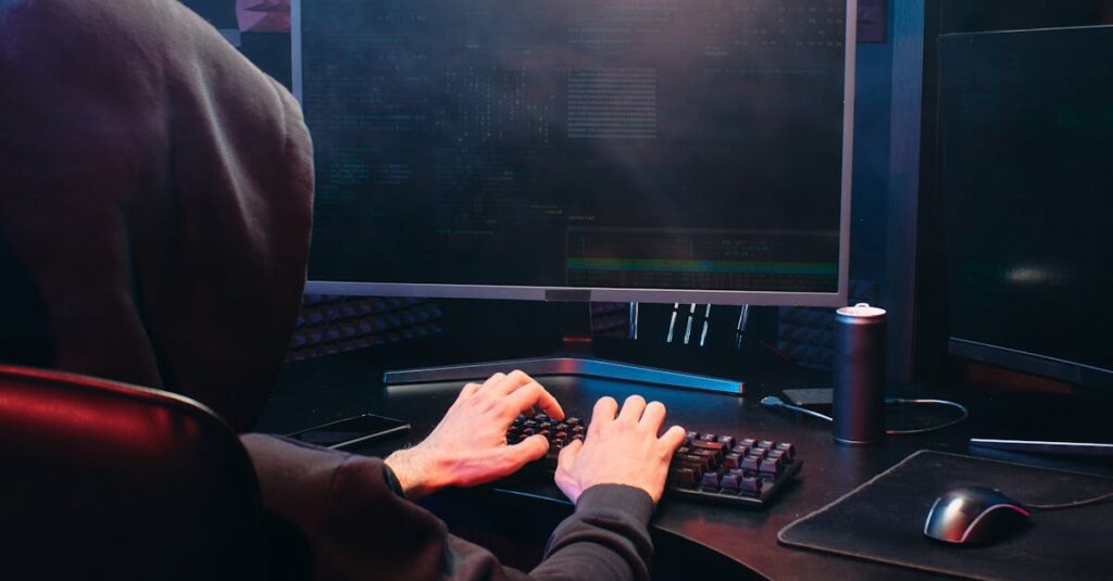 A person in a hoodie sits at a computer screen, engaged in coding or hacking activities.